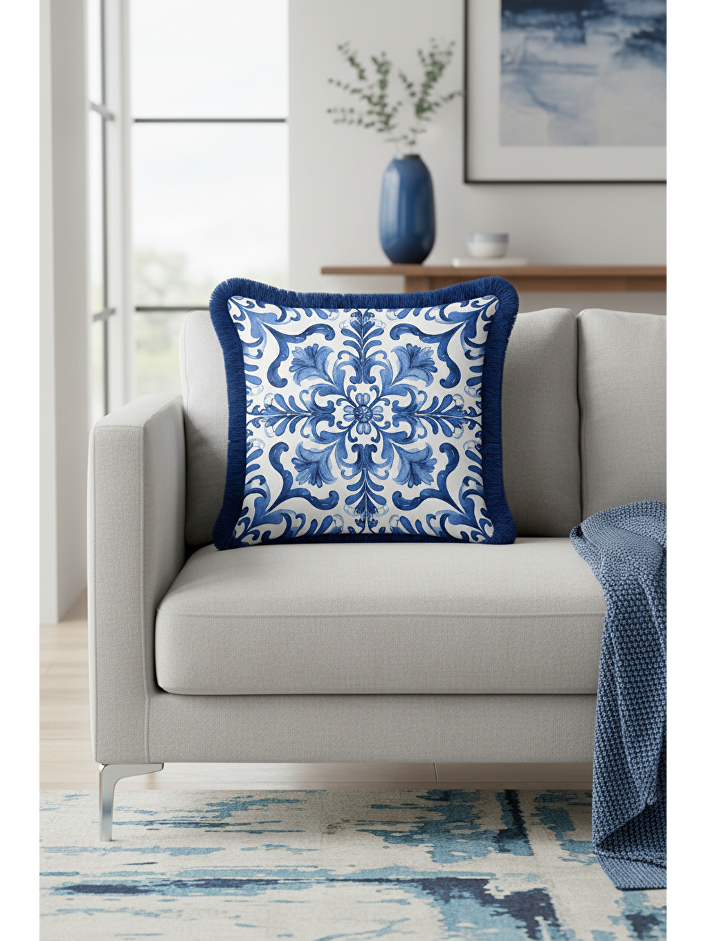 Karışık Barok Lüks Mavi Saçaklı Yastık Kılıfı - Akdeniz Klasik Mavi Beyaz Püsküllü Kırlent Kılıfı-2