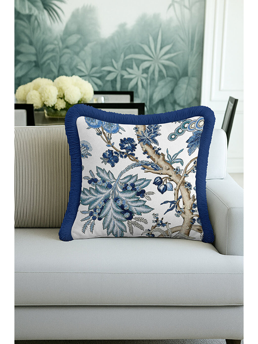 Karışık Lüks Botanik Stil Saçaklı Yastık Kılıfı - Mavi Doğal Çiçek Rustik Fon Püsküllü Kırlent Kılıfı-3