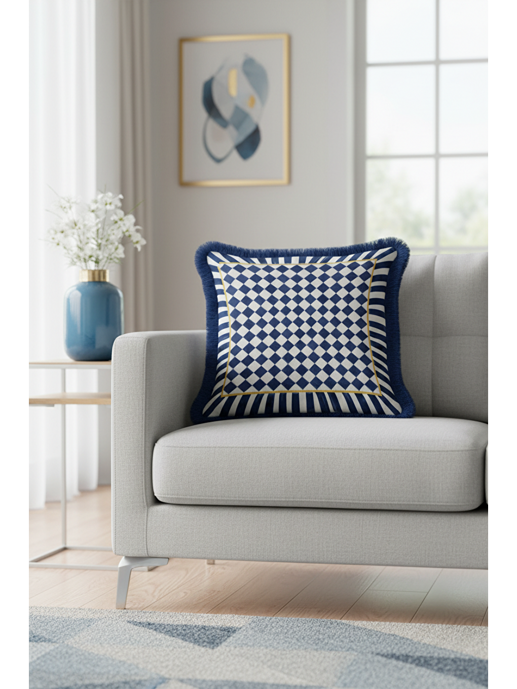 Karışık Lüks Geometrik Saçaklı Yastık Kılıfı - Modern Royal Mavi Altın Renkli Püsküllü Kırlent Kılıfı-3