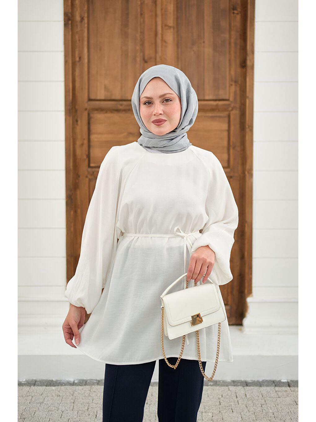 Kadın Bel Bağlamalı Tunik Beyaz-1