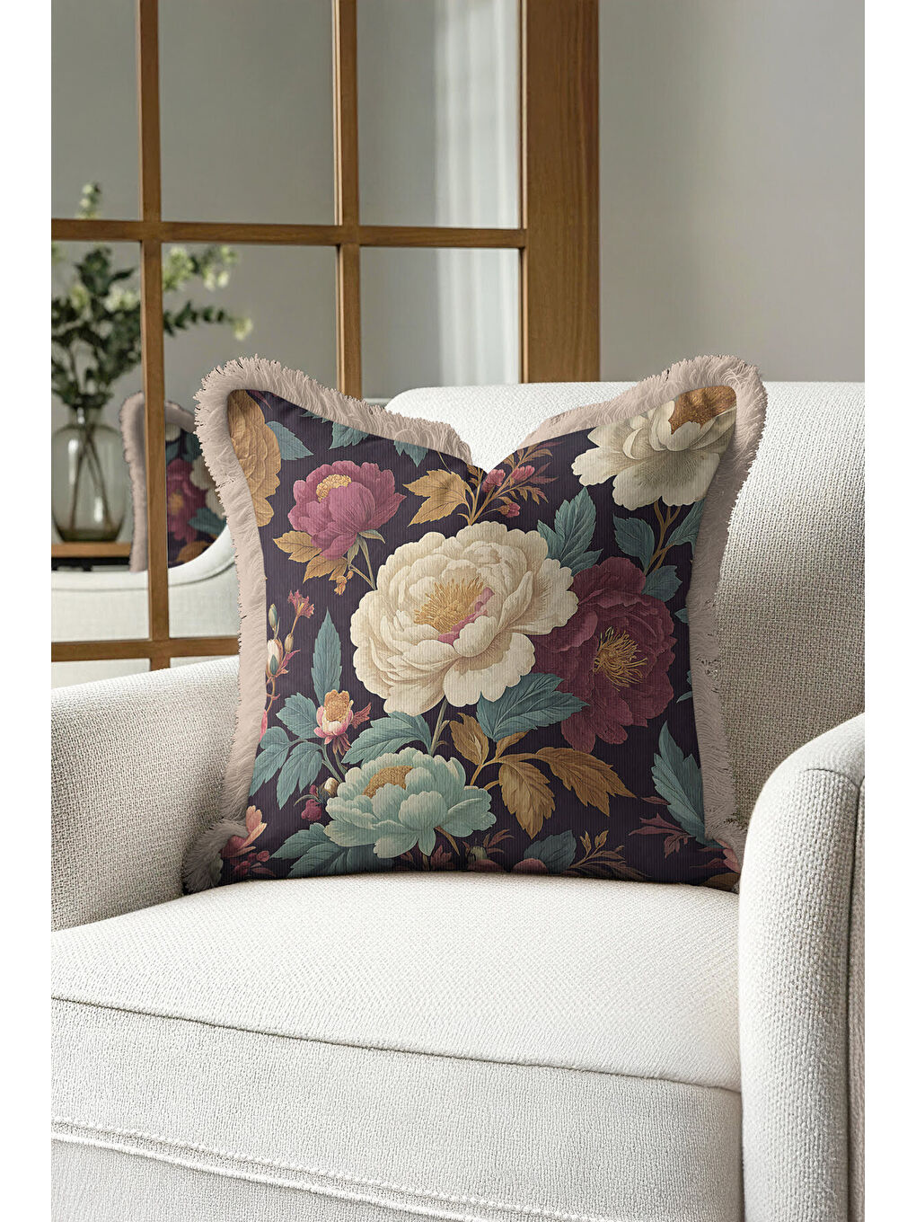 Karışık Lüks Vintage Çiçekli Saçaklı Yastık Kılıfı - Klasik Rustik Gül Bordo Dekor Püsküllü Kırlent Kılıfı-1