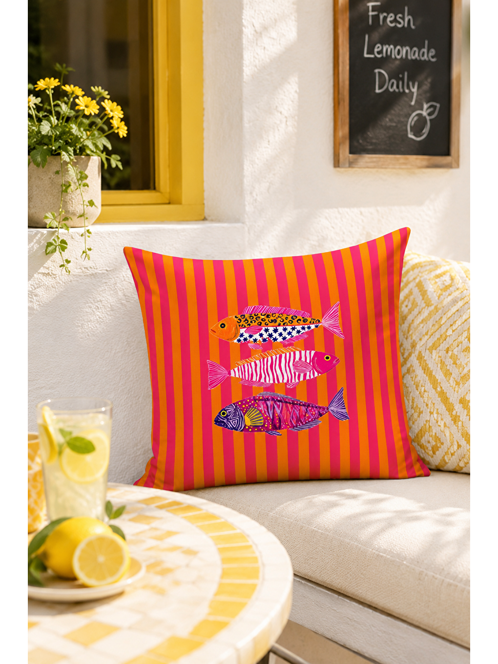 Fuşya Renkli Balık Çizgili Marin Dekoratif Kırlent Kılıfı Yazlık Balkon Dekor 43x43 Cm-6