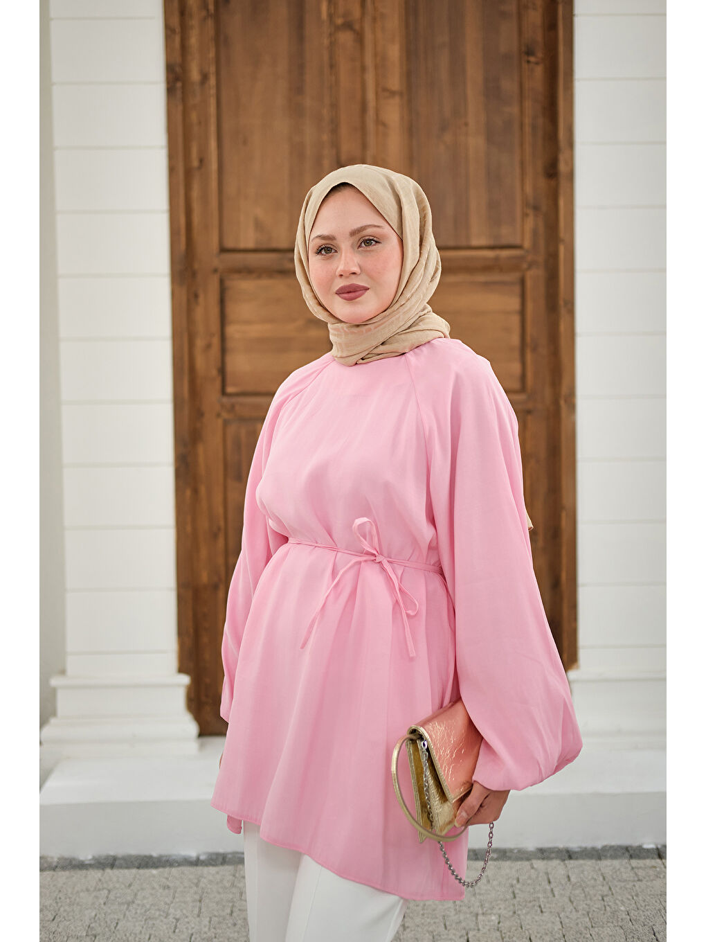 Kadın Bel Bağlamalı Tunik Pembe-4