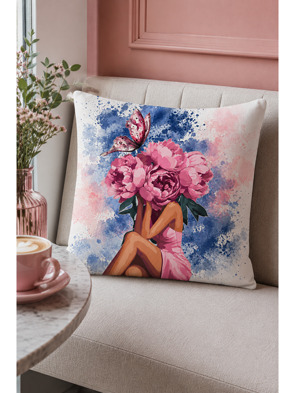 Beyaz Pembe Çiçekli Kelebekli Kadın Dekoratif Kırlent Kılıfı Suluboya Salon Dekor 43x43 Cm