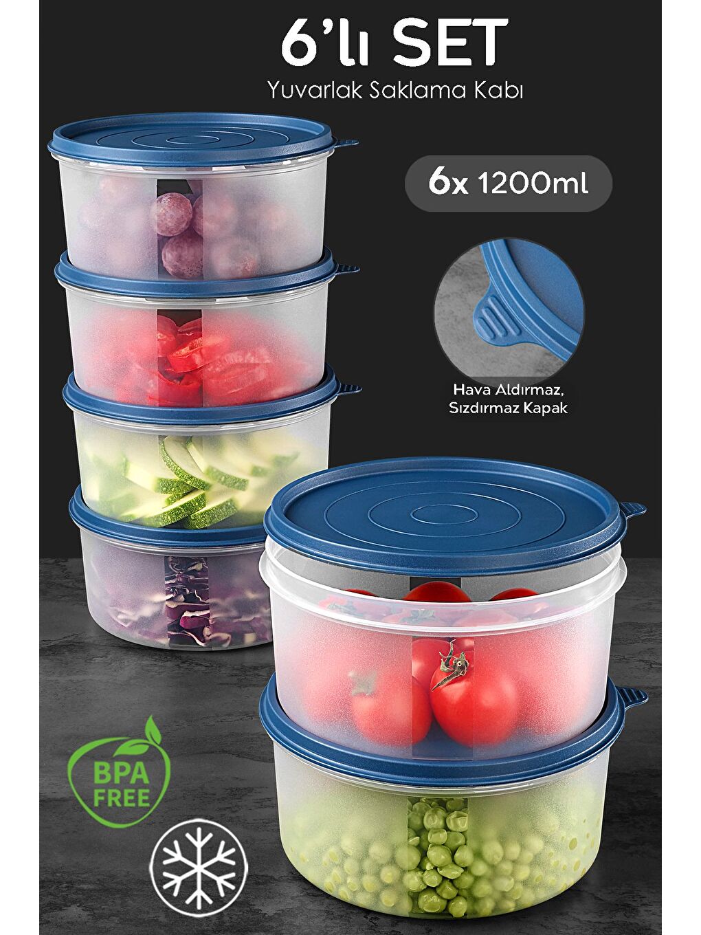 6'lı Yuvarlak Gıda Saklama Kabı Seti 6x1200 ml Lacivert