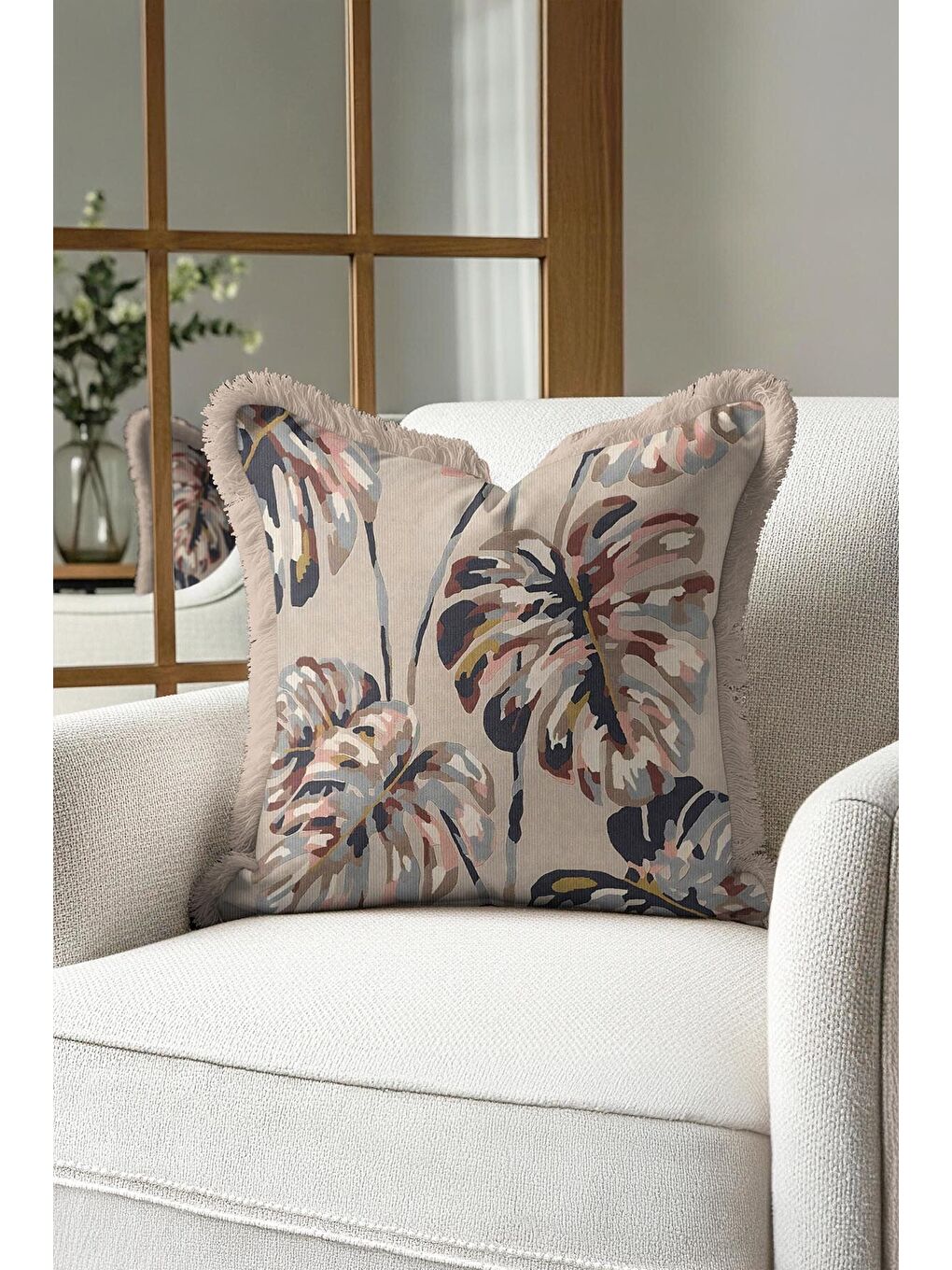 Karışık Tropikal Çiçekli Saçaklı Yastık Kılıfı - Doğal Bohem Bej Çok Renkli Püsküllü Kırlent Kılıfı-3