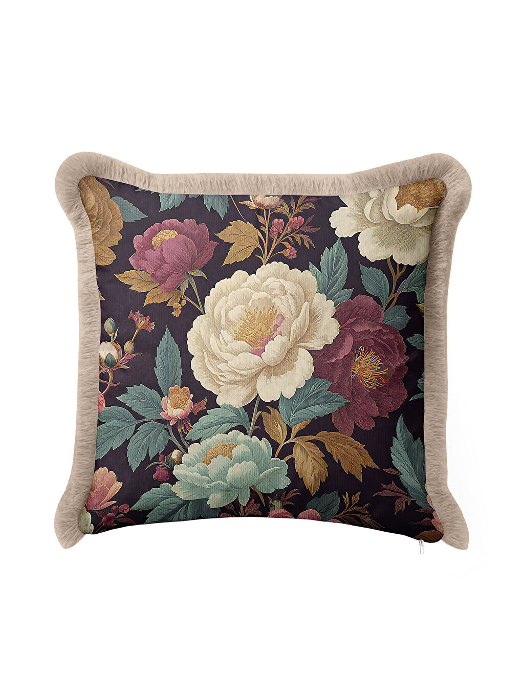 Karışık Lüks Vintage Çiçekli Saçaklı Yastık Kılıfı - Klasik Rustik Gül Bordo Dekor Püsküllü Kırlent Kılıfı-2