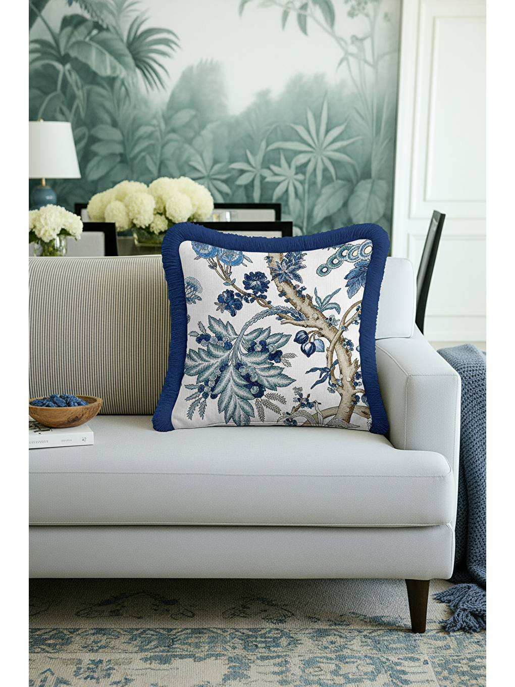 Karışık Lüks Botanik Stil Saçaklı Yastık Kılıfı - Mavi Doğal Çiçek Rustik Fon Püsküllü Kırlent Kılıfı-4