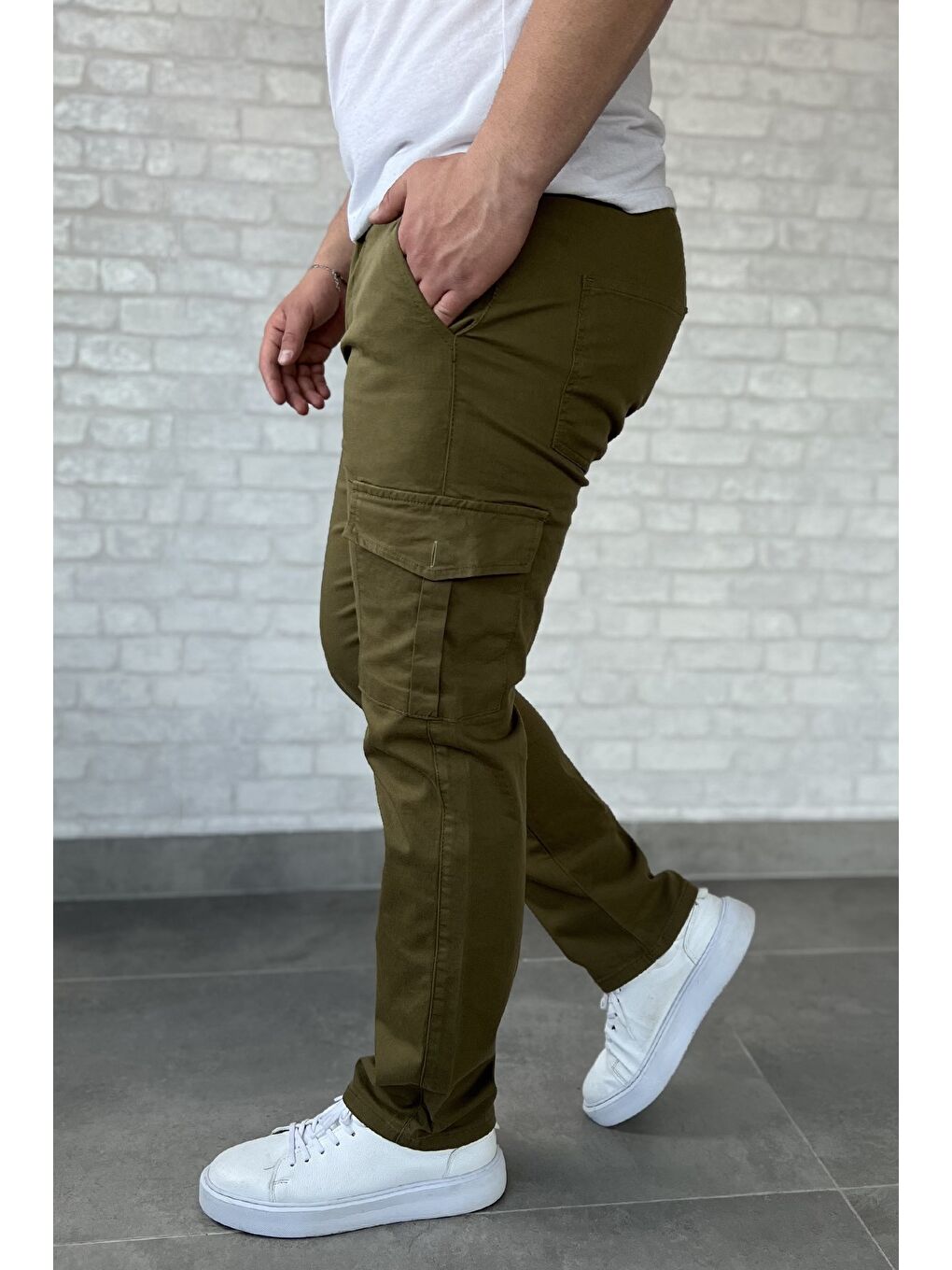 Haki Erkek Kargo Cepli Düz Paça Pantolon-1