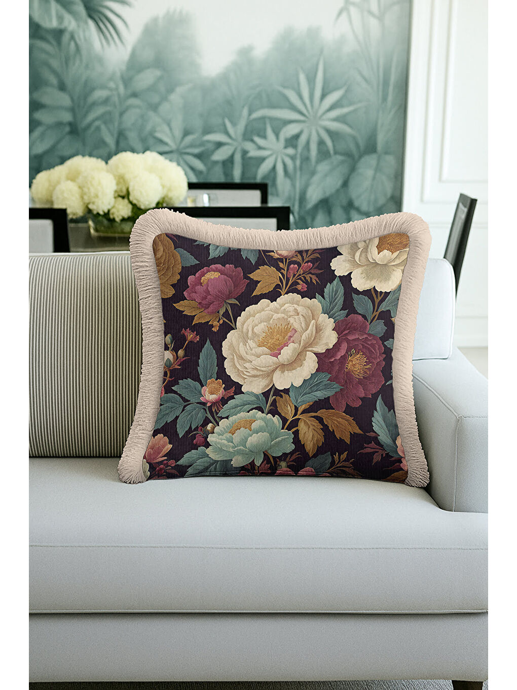 Karışık Lüks Vintage Çiçekli Saçaklı Yastık Kılıfı - Klasik Rustik Gül Bordo Dekor Püsküllü Kırlent Kılıfı-3