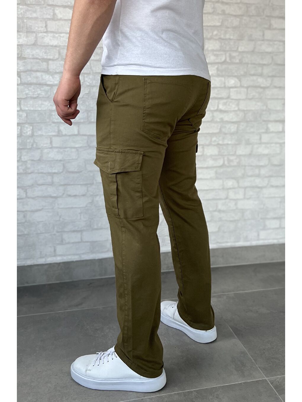 Haki Erkek Kargo Cepli Düz Paça Pantolon-2