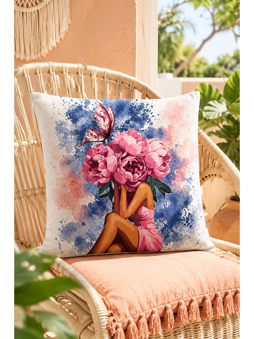 Beyaz Pembe Çiçekli Kelebekli Kadın Dekoratif Kırlent Kılıfı Suluboya Salon Dekor 43x43 Cm-1