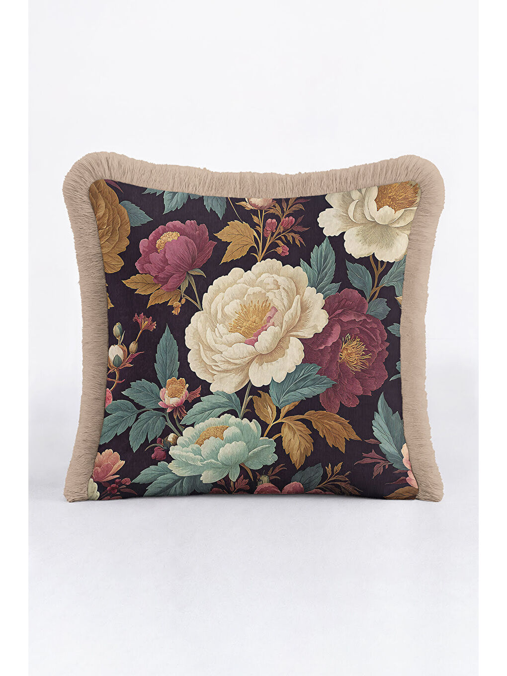 Karışık Lüks Vintage Çiçekli Saçaklı Yastık Kılıfı - Klasik Rustik Gül Bordo Dekor Püsküllü Kırlent Kılıfı-4