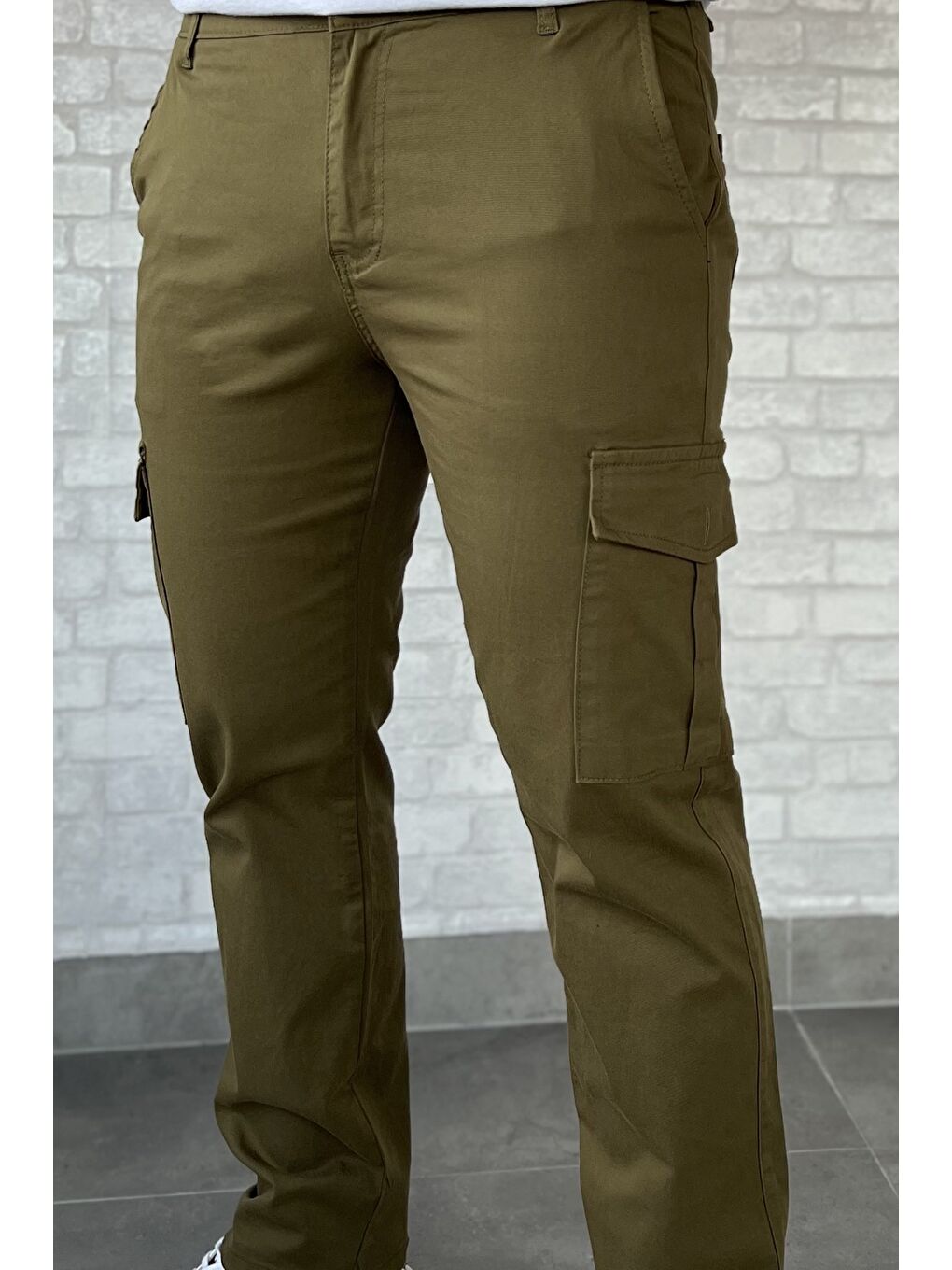 Haki Erkek Kargo Cepli Düz Paça Pantolon-3