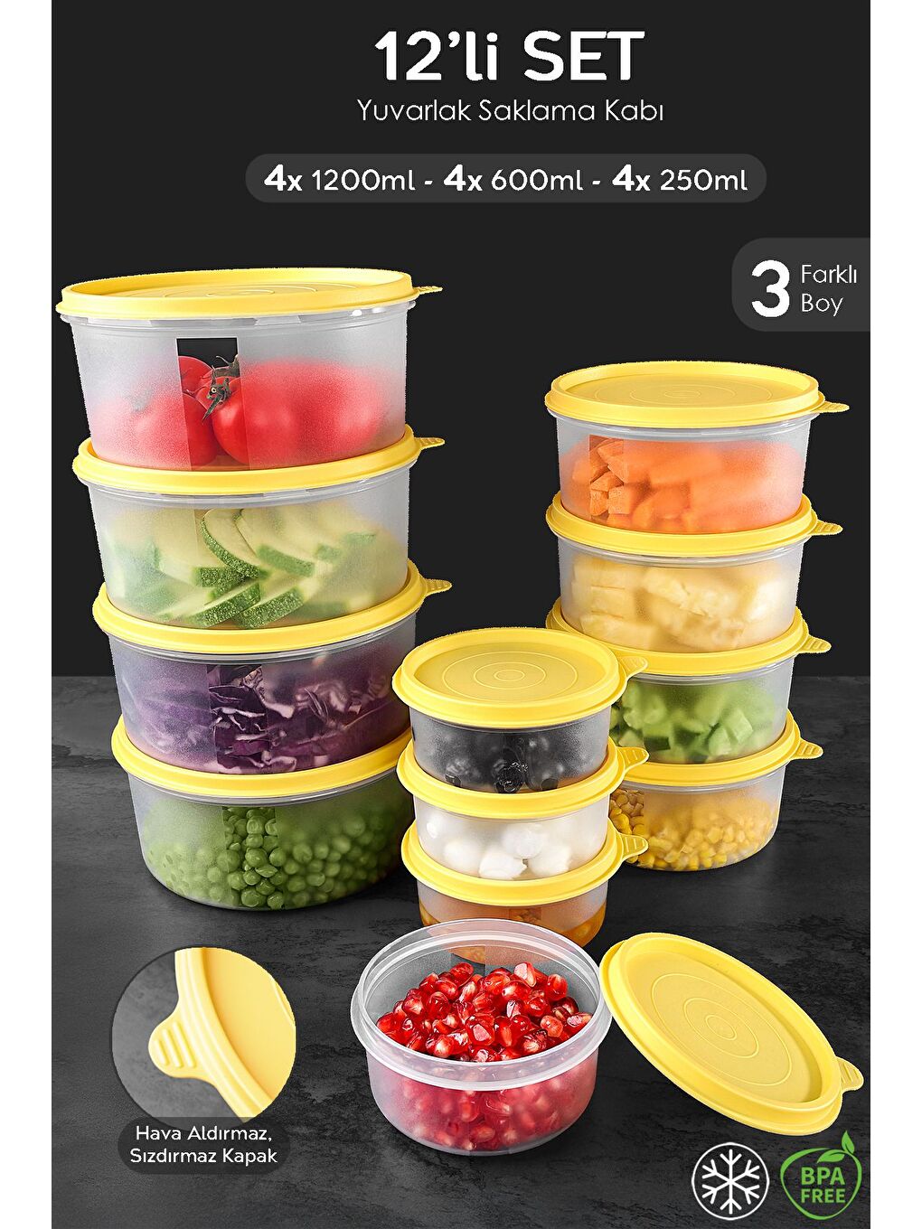 12'li Yuvarlak Gıda Saklama Kabı Seti 4x250 4x600 4x1200 ml Sarı