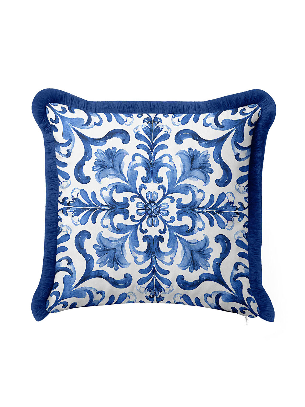 Karışık Barok Lüks Mavi Saçaklı Yastık Kılıfı - Akdeniz Klasik Mavi Beyaz Püsküllü Kırlent Kılıfı-3