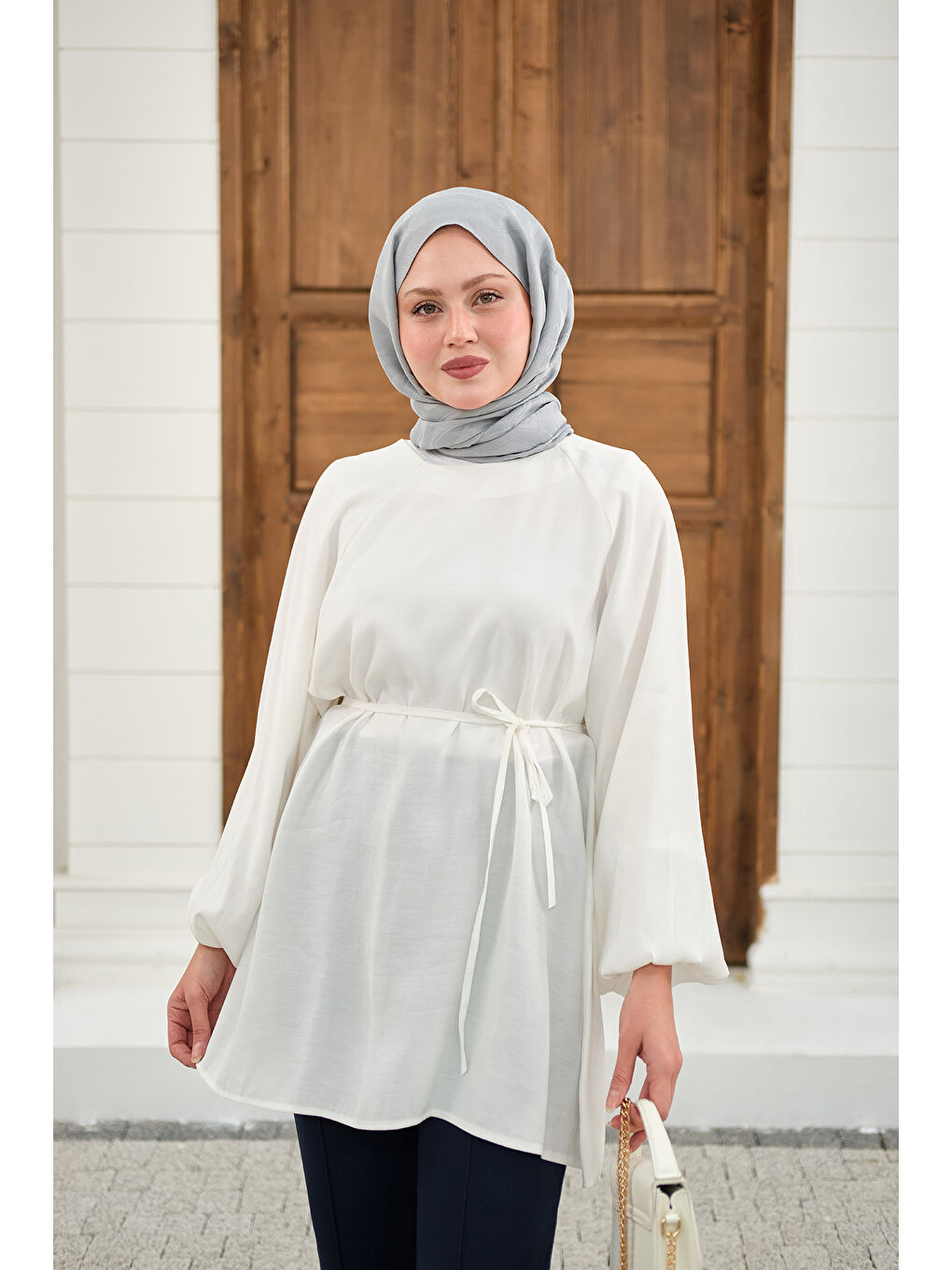 Kadın Bel Bağlamalı Tunik Beyaz-3