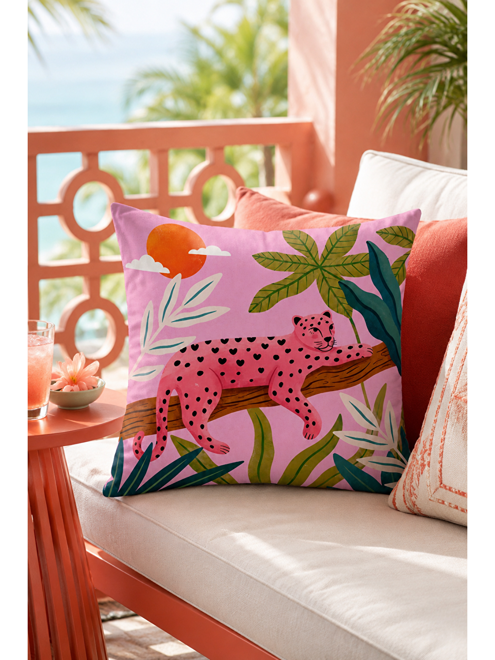 Pembe Leopar Tropikal Yaprak Desenli Dekoratif Kırlent Kılıfı Bohem Dekor 43x43 Cm-4