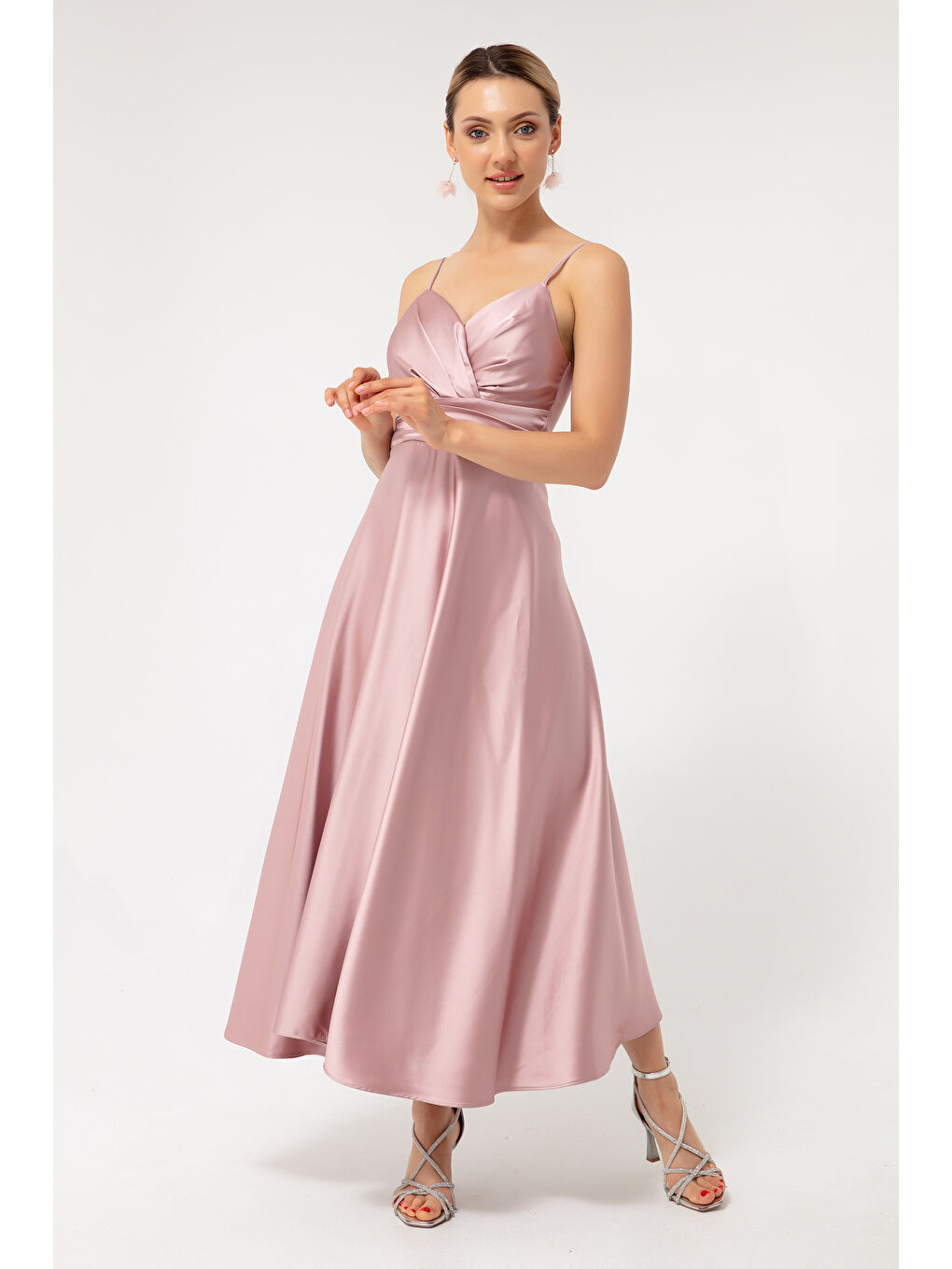 Pembe Kadın Pudra İp Askılı Bel Kemerli Saten Midi Abiye & Mezuniyet Elbisesi