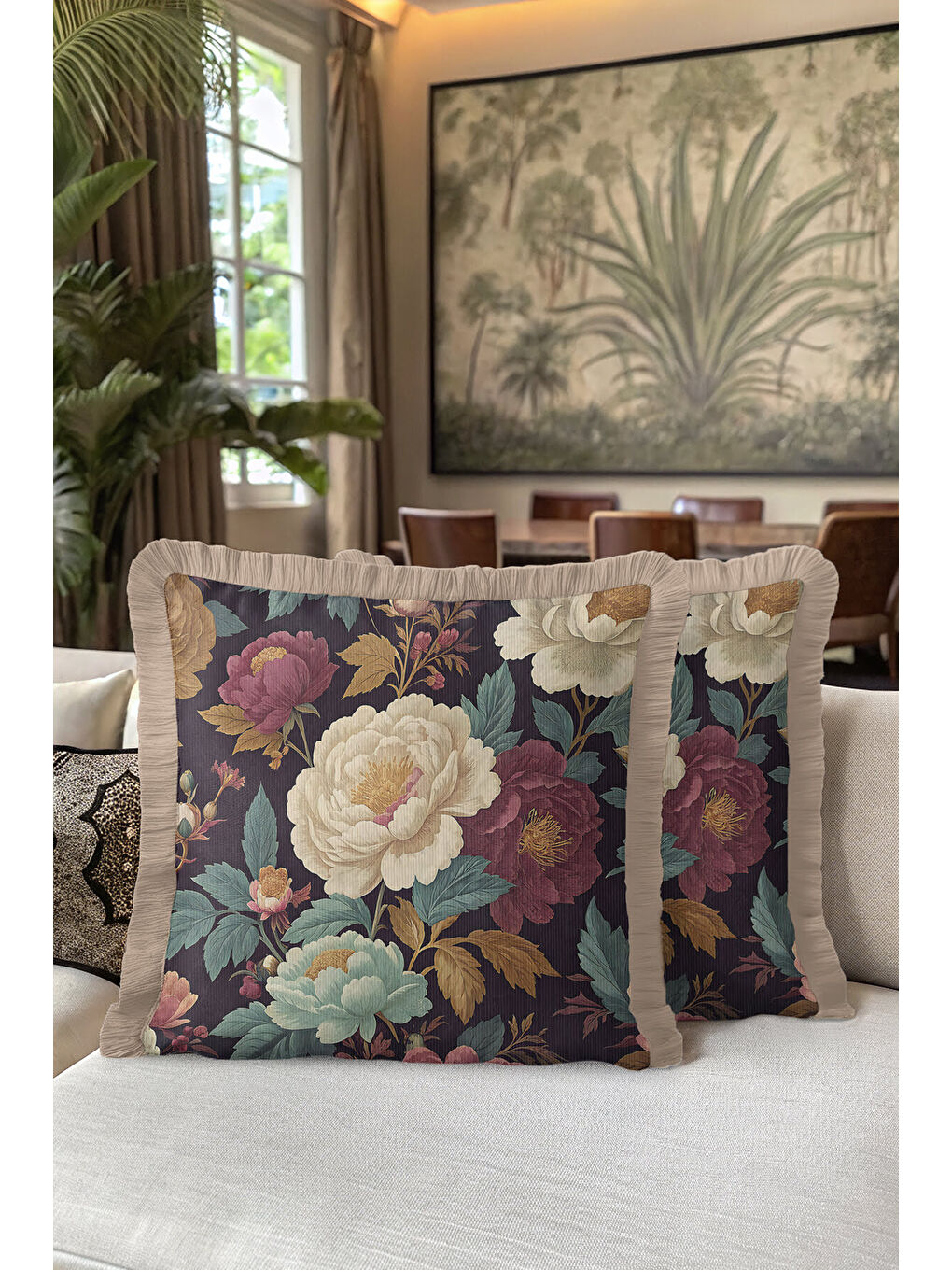 Karışık Lüks Vintage Çiçekli Saçaklı Yastık Kılıfı - Klasik Rustik Gül Bordo Dekor Püsküllü Kırlent Kılıfı-5