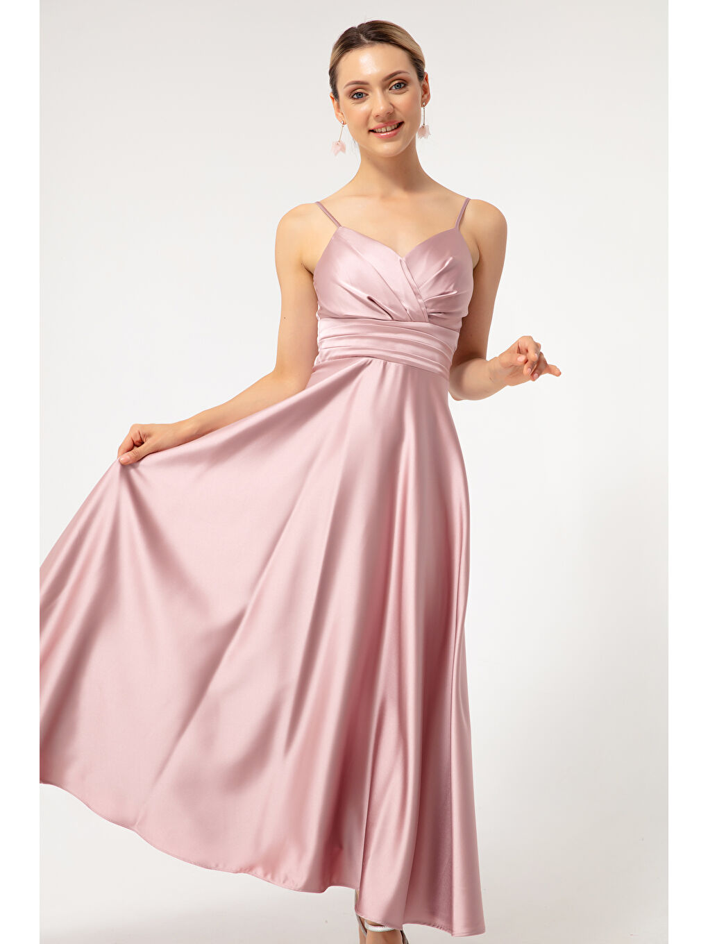Pembe Kadın Pudra İp Askılı Bel Kemerli Saten Midi Abiye & Mezuniyet Elbisesi-1