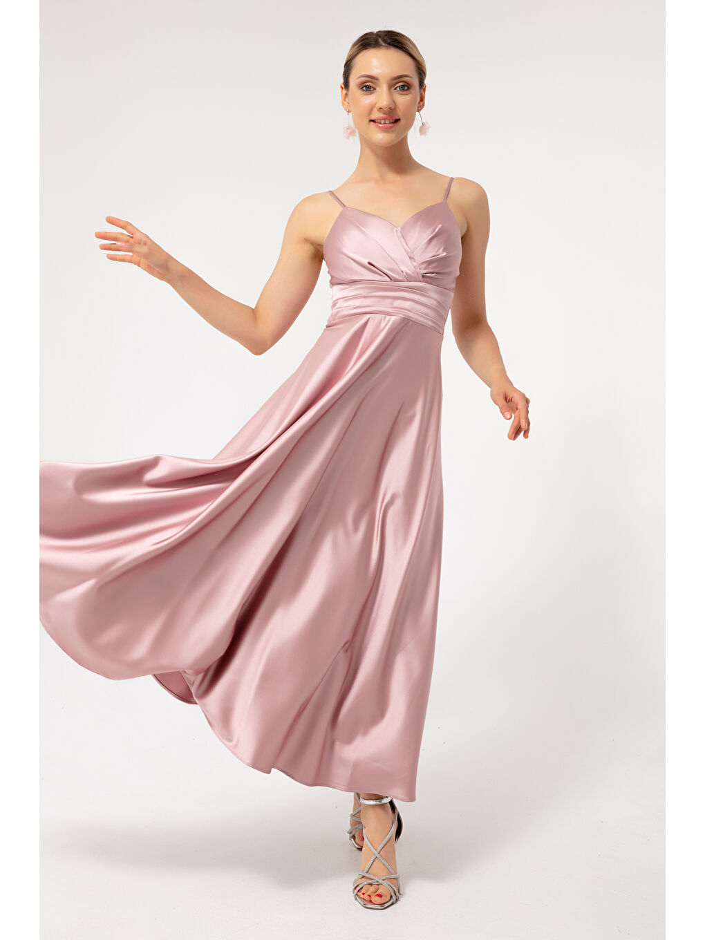 Pembe Kadın Pudra İp Askılı Bel Kemerli Saten Midi Abiye & Mezuniyet Elbisesi-2