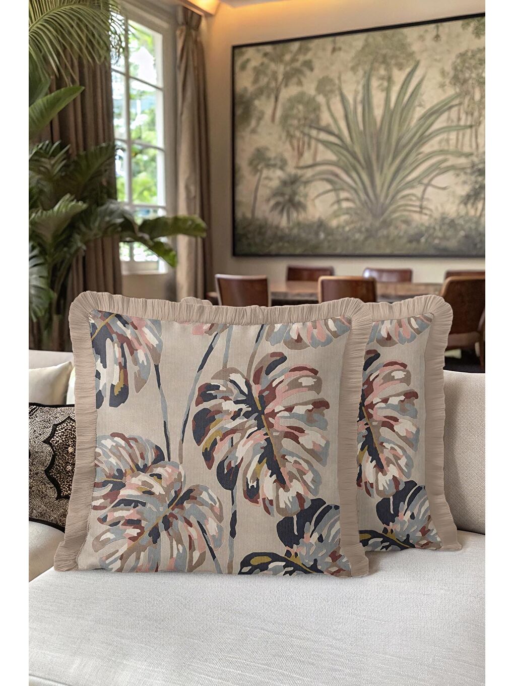 Karışık Tropikal Çiçekli Saçaklı Yastık Kılıfı - Doğal Bohem Bej Çok Renkli Püsküllü Kırlent Kılıfı-5