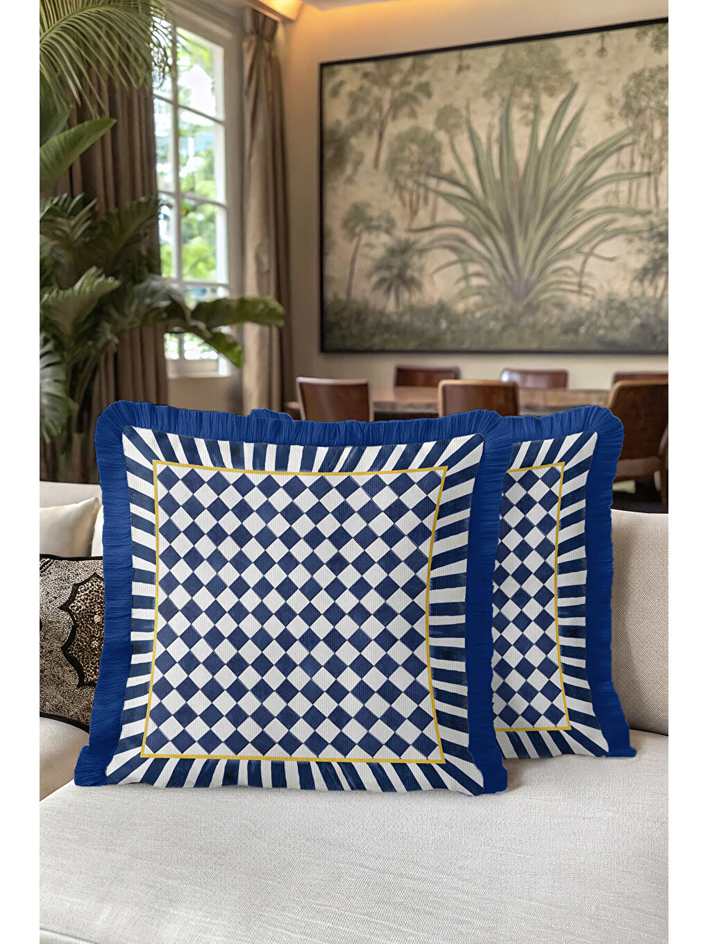 Karışık Lüks Geometrik Saçaklı Yastık Kılıfı - Modern Royal Mavi Altın Renkli Püsküllü Kırlent Kılıfı-5