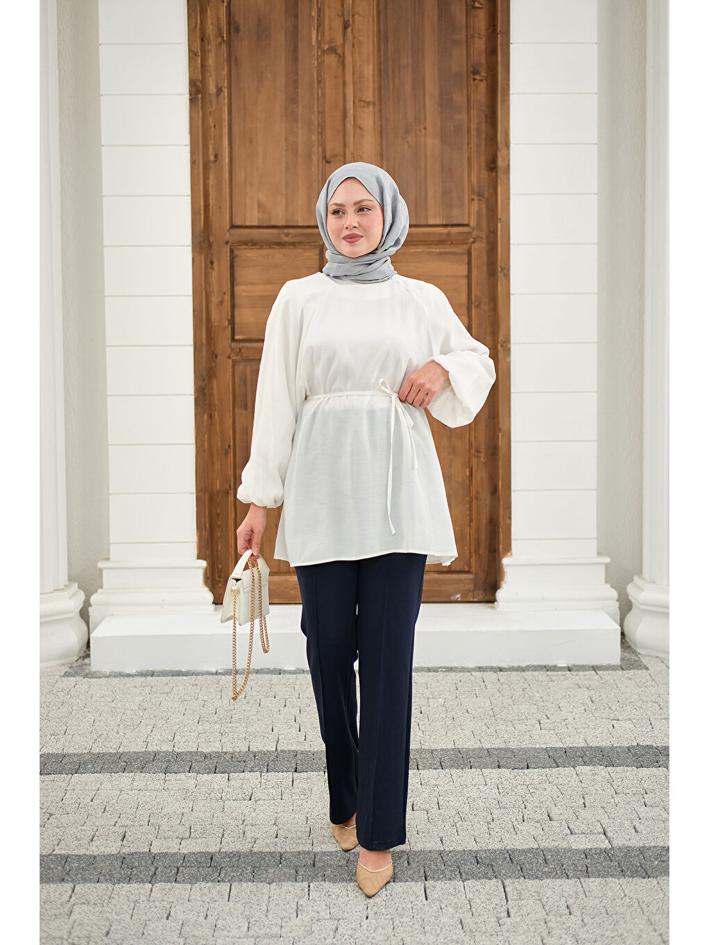 Kadın Bel Bağlamalı Tunik Beyaz-4