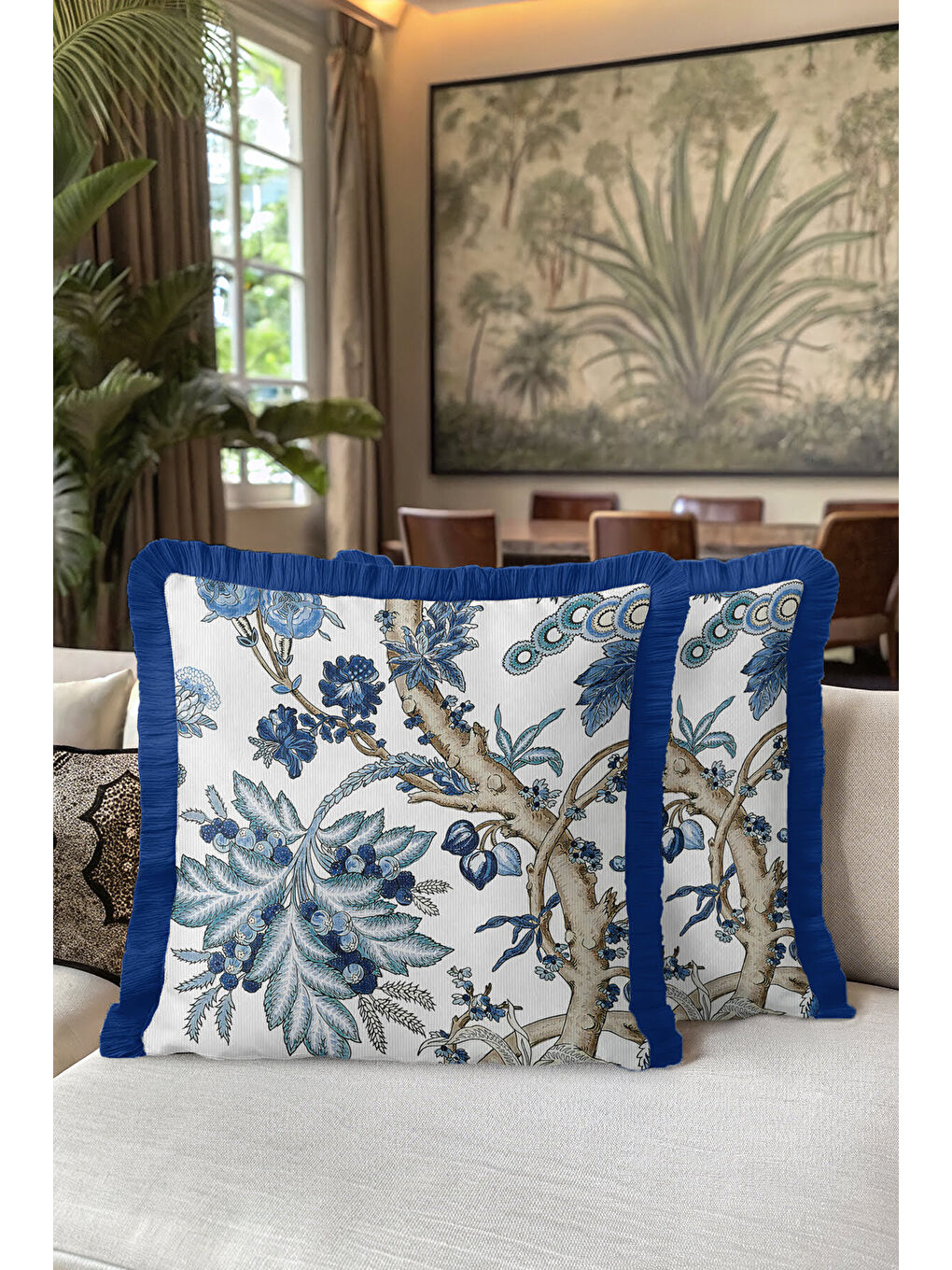 Karışık Lüks Botanik Stil Saçaklı Yastık Kılıfı - Mavi Doğal Çiçek Rustik Fon Püsküllü Kırlent Kılıfı-5