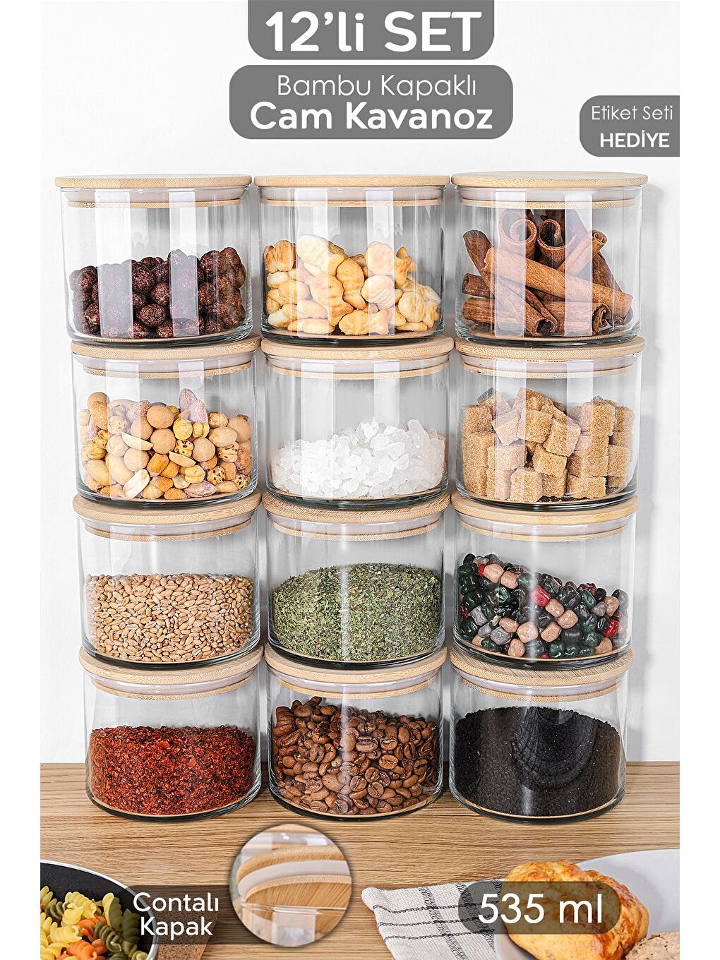 Renksiz 12'li Bambu Kapak Cam Saklama Kabı Etiketli Vakum Kapaklı Erzak Baharat Cam Baharatlık 535 ml