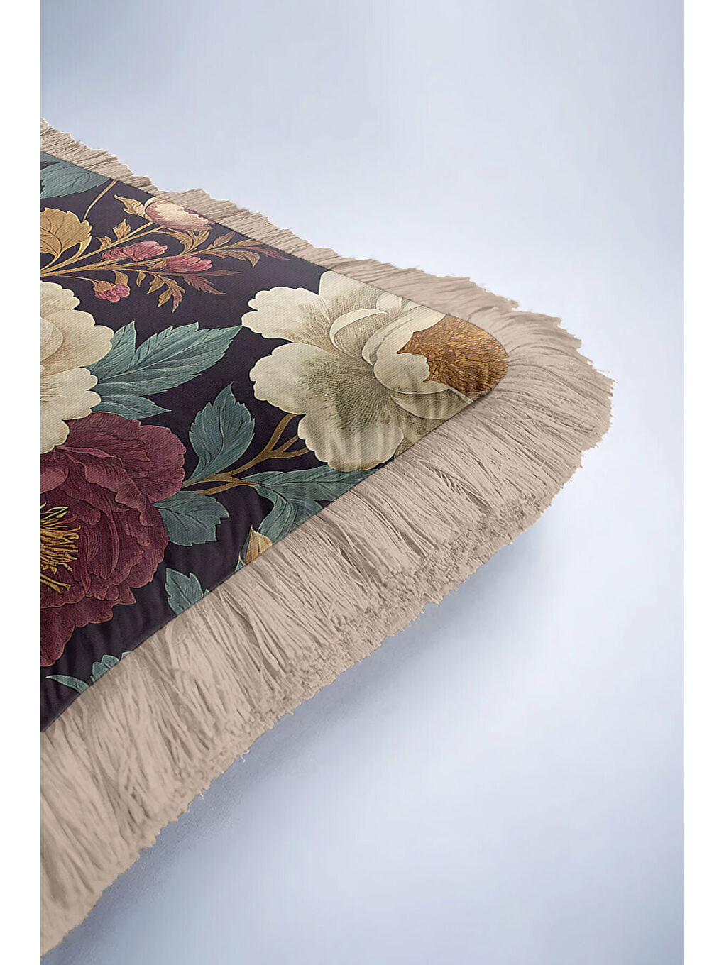 Karışık Lüks Vintage Çiçekli Saçaklı Yastık Kılıfı - Klasik Rustik Gül Bordo Dekor Püsküllü Kırlent Kılıfı-6