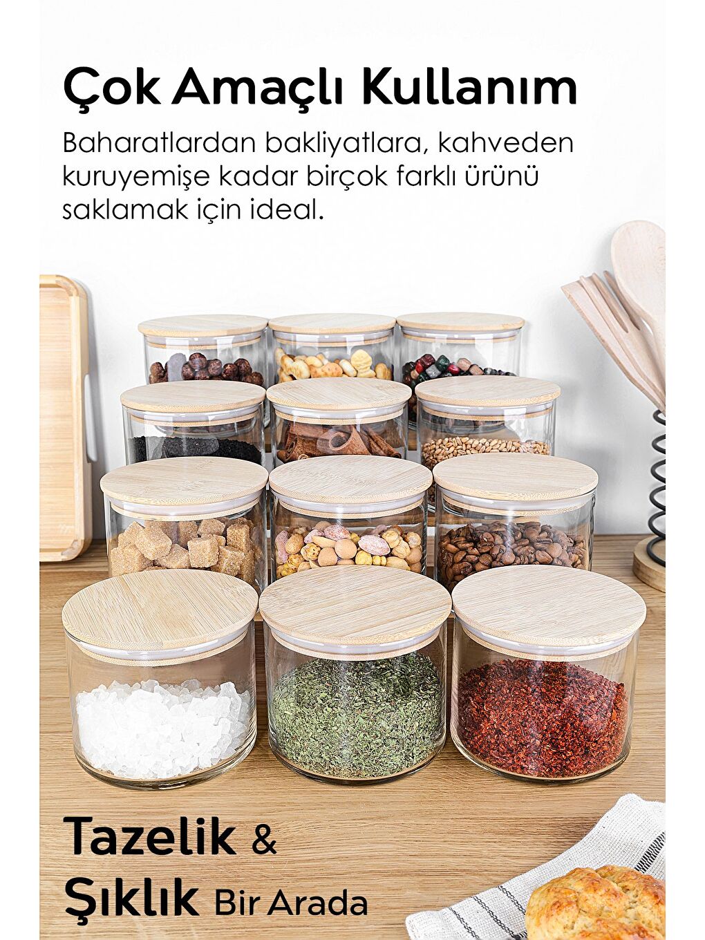 Renksiz 12'li Bambu Kapak Cam Saklama Kabı Etiketli Vakum Kapaklı Erzak Baharat Cam Baharatlık 535 ml-2