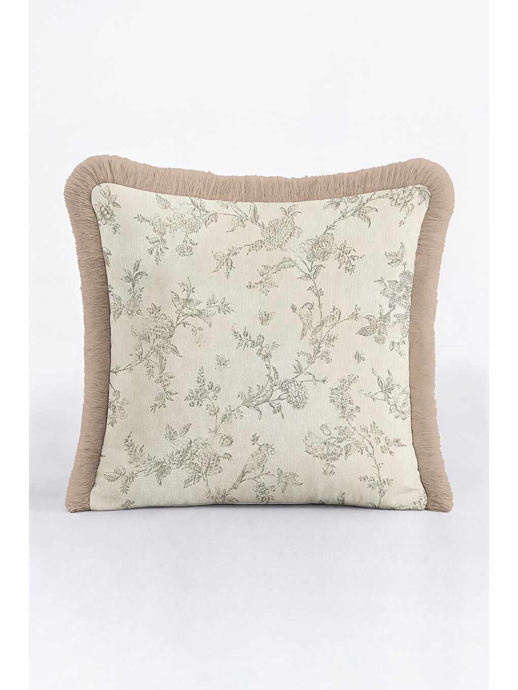 Karışık Elegan Fransız Çiçekli Saçaklı Yastık Kılıfı - Vintage Country Bej Doğal Püsküllü Kırlent Kılıfı