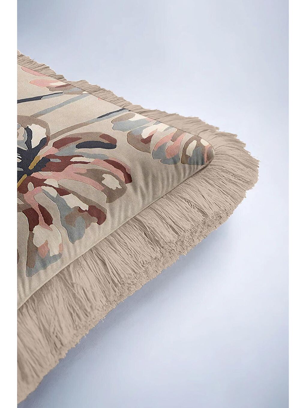 Karışık Tropikal Çiçekli Saçaklı Yastık Kılıfı - Doğal Bohem Bej Çok Renkli Püsküllü Kırlent Kılıfı-6