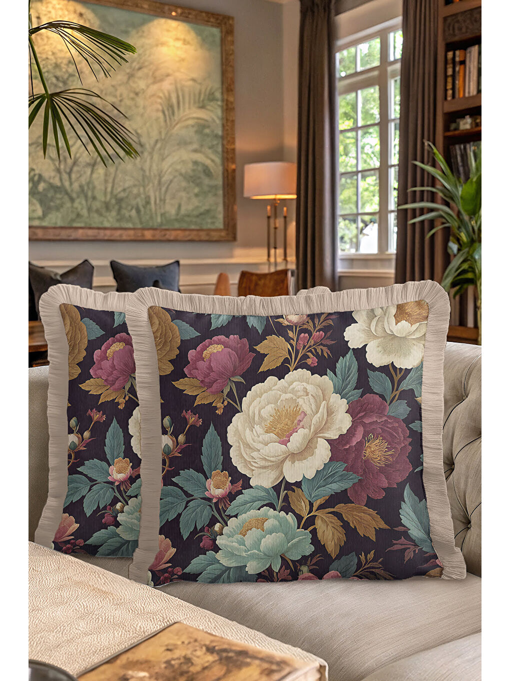 Karışık Lüks Vintage Çiçekli Saçaklı Yastık Kılıfı - Klasik Rustik Gül Bordo Dekor Püsküllü Kırlent Kılıfı-7