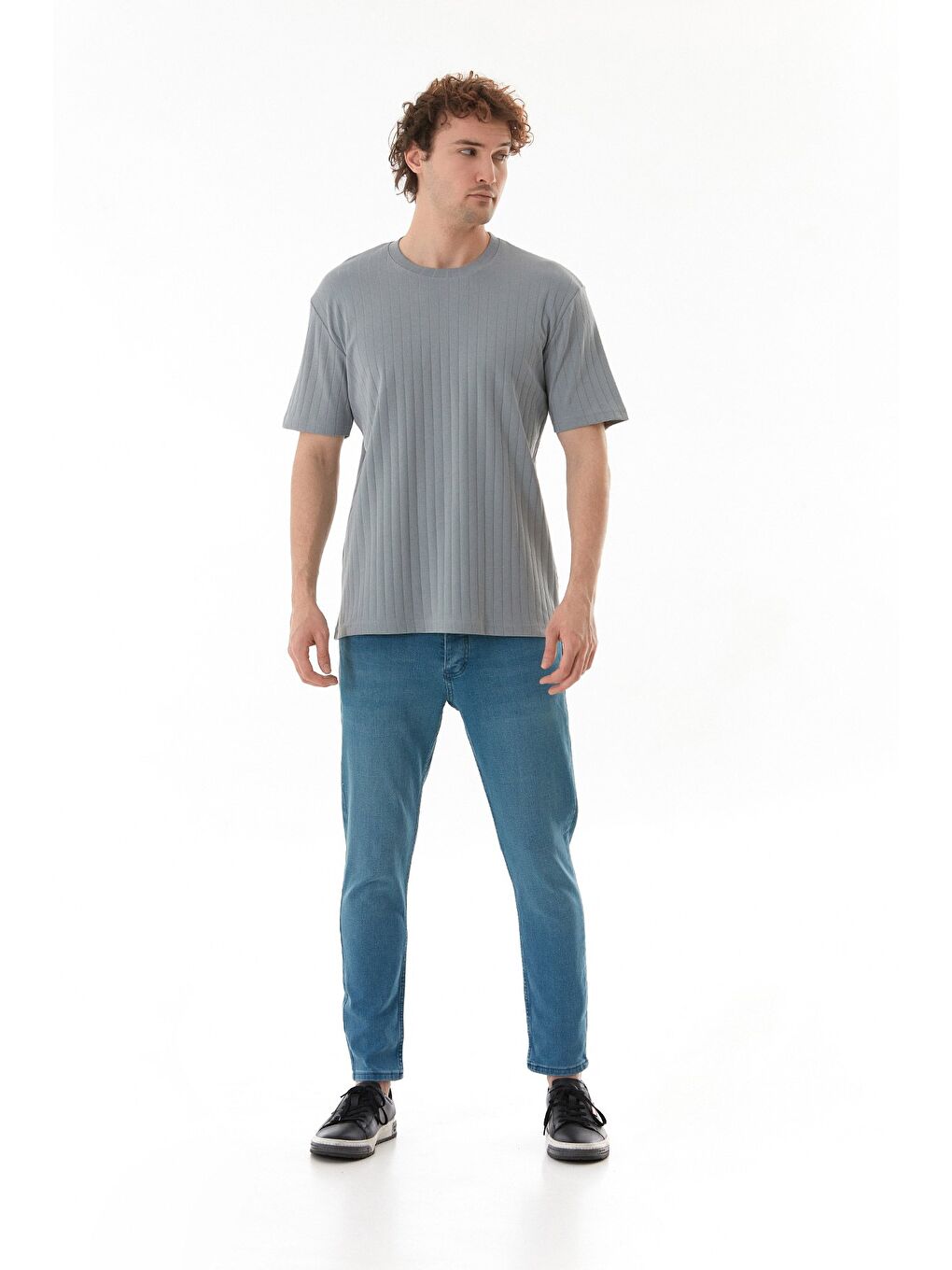 Gri Şeritli Bisiklet Yaka %100 Pamuk Tişört-2