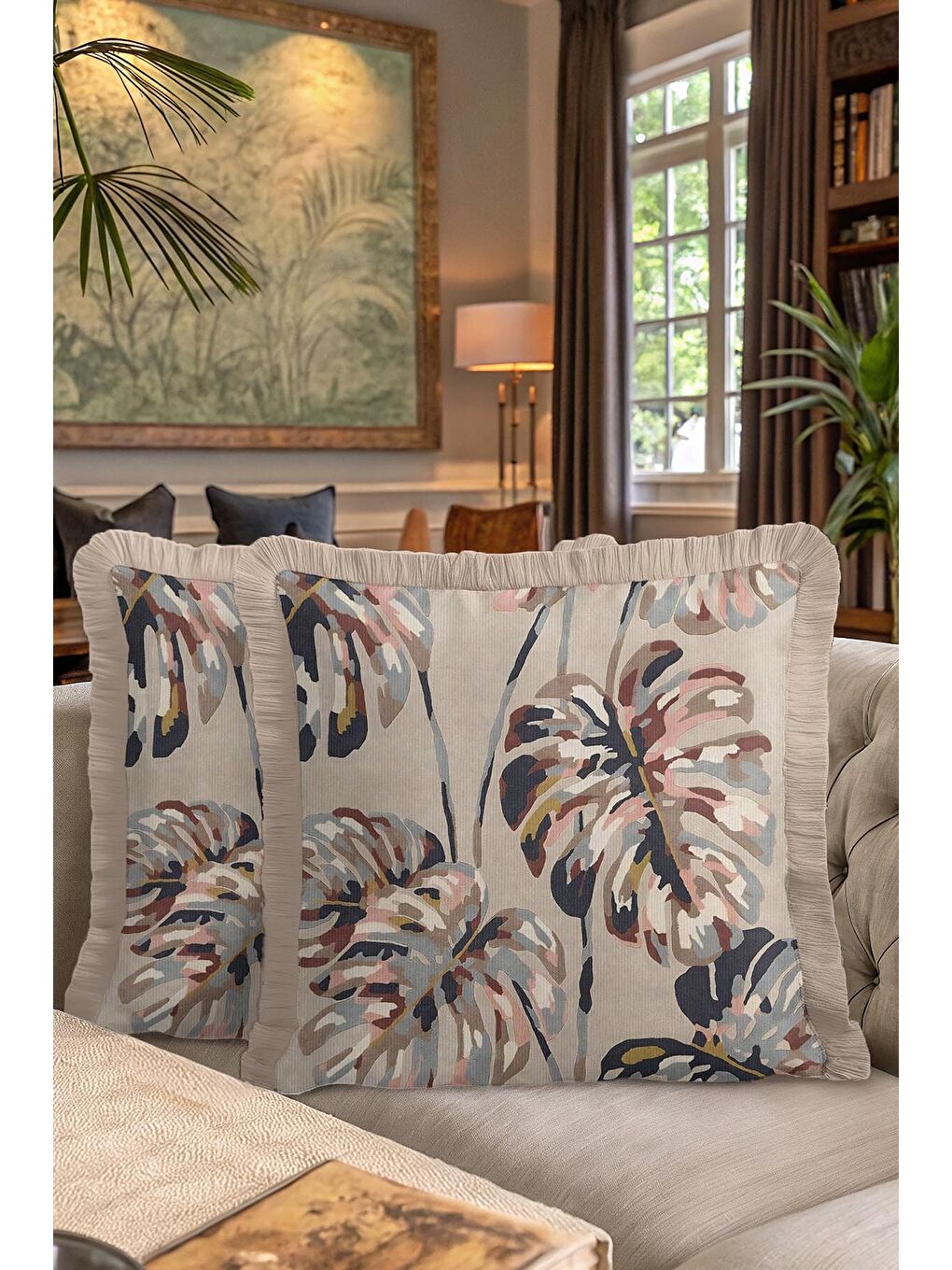 Karışık Tropikal Çiçekli Saçaklı Yastık Kılıfı - Doğal Bohem Bej Çok Renkli Püsküllü Kırlent Kılıfı-7