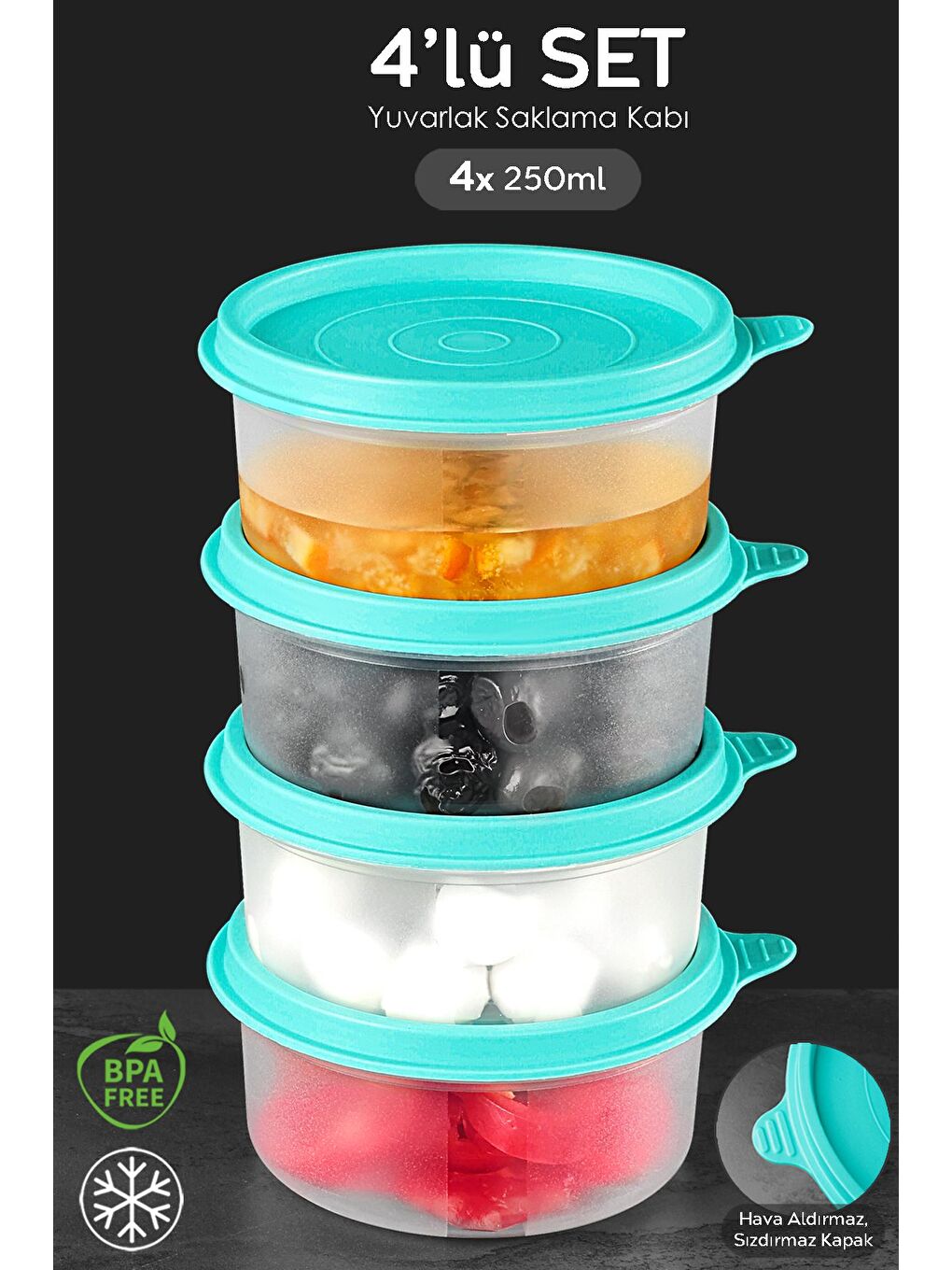 4'lü Yuvarlak Gıda Saklama Kabı Seti 4x250 ml Yeşil