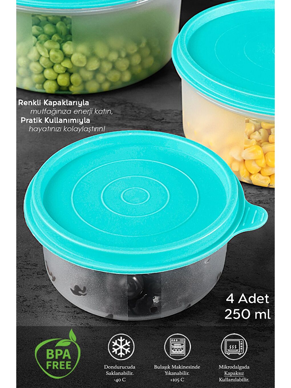 4'lü Yuvarlak Gıda Saklama Kabı Seti 4x250 ml Yeşil-1