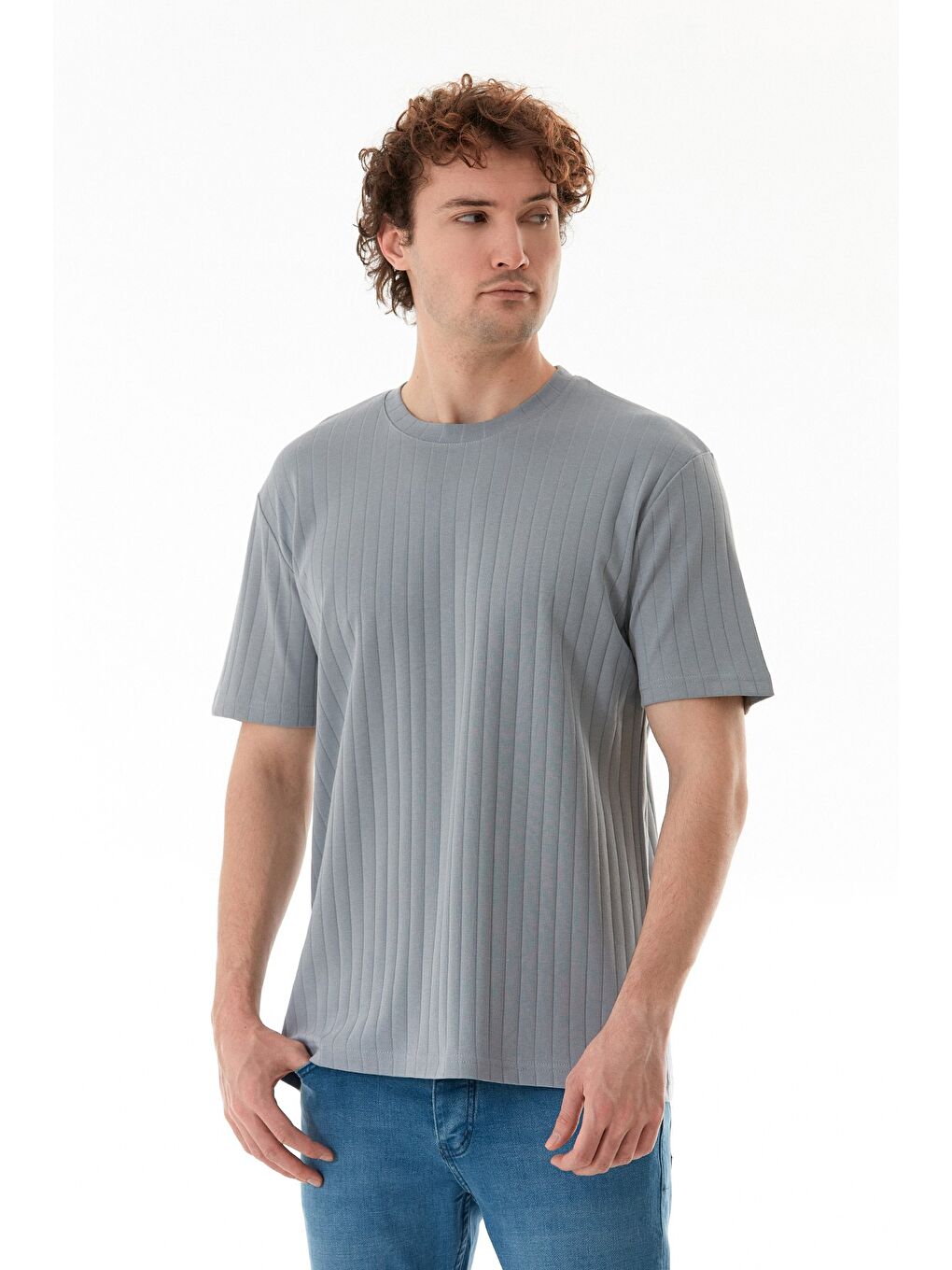 Gri Şeritli Bisiklet Yaka %100 Pamuk Tişört-4