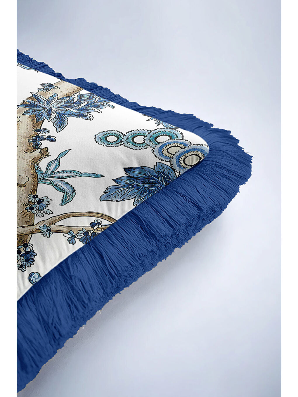 Karışık Lüks Botanik Stil Saçaklı Yastık Kılıfı - Mavi Doğal Çiçek Rustik Fon Püsküllü Kırlent Kılıfı-6