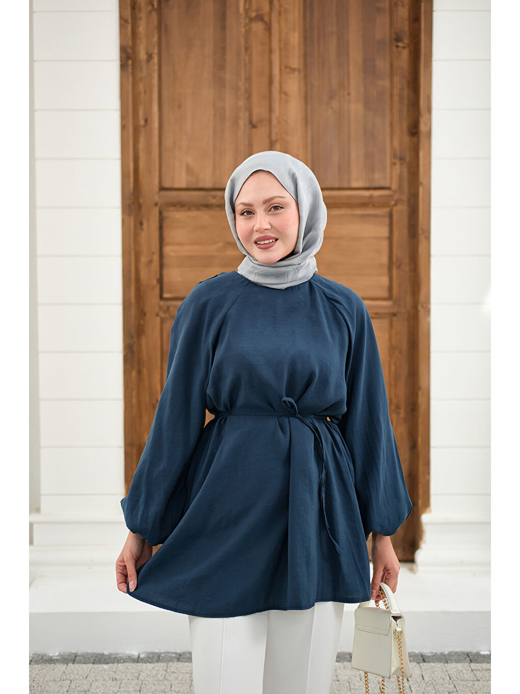 Kadın Bel Bağlamalı Tunik Petrol Mavi-1