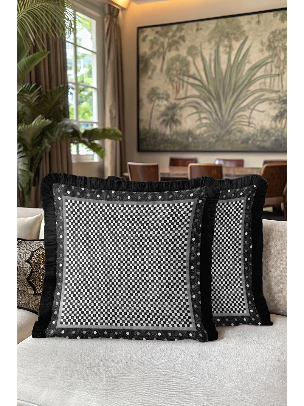 Karışık Lüks Damalı Saçaklı Yastık Kılıfı - Monokrom Modern Siyah Gri Püsküllü Kırlent Kılıfı-5