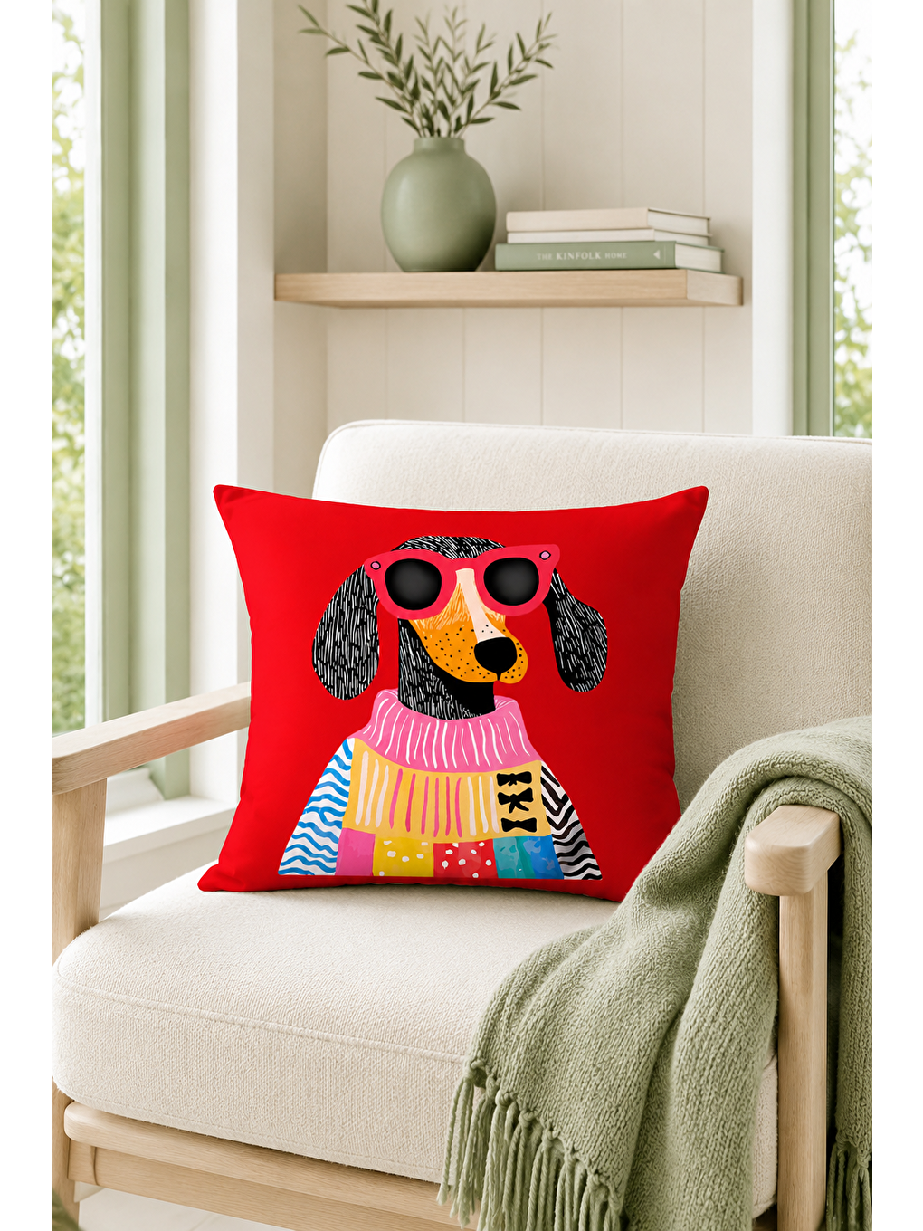 Kırmızı Gözlüklü Köpek Pop Art Desenli Dekoratif Kırlent Kılıfı Modern Salon Dekor 43x43 Cm-7