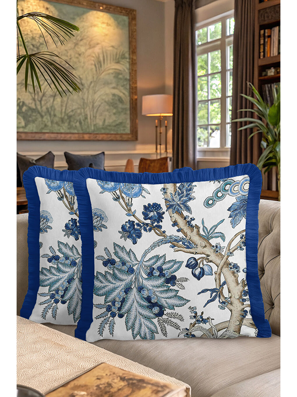 Karışık Lüks Botanik Stil Saçaklı Yastık Kılıfı - Mavi Doğal Çiçek Rustik Fon Püsküllü Kırlent Kılıfı-7