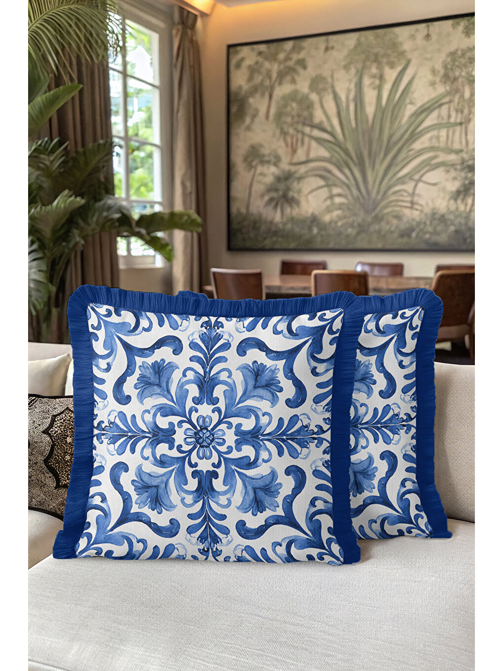 Karışık Barok Lüks Mavi Saçaklı Yastık Kılıfı - Akdeniz Klasik Mavi Beyaz Püsküllü Kırlent Kılıfı-5