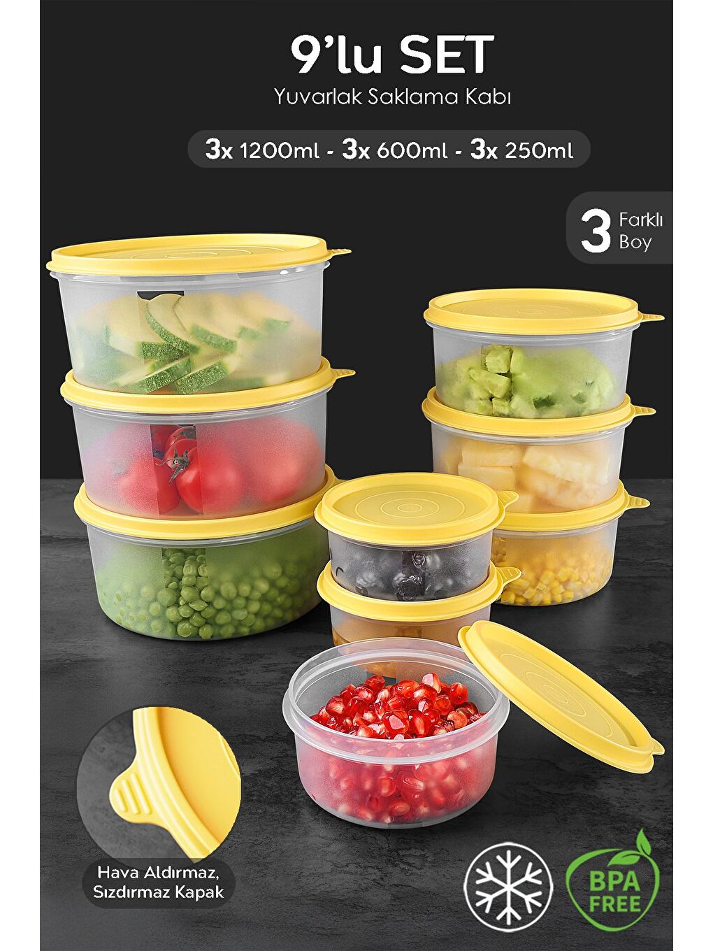 9'lu Yuvarlak Gıda Saklama Kabı Seti 3x250 3x600 3x1200 ml Sarı