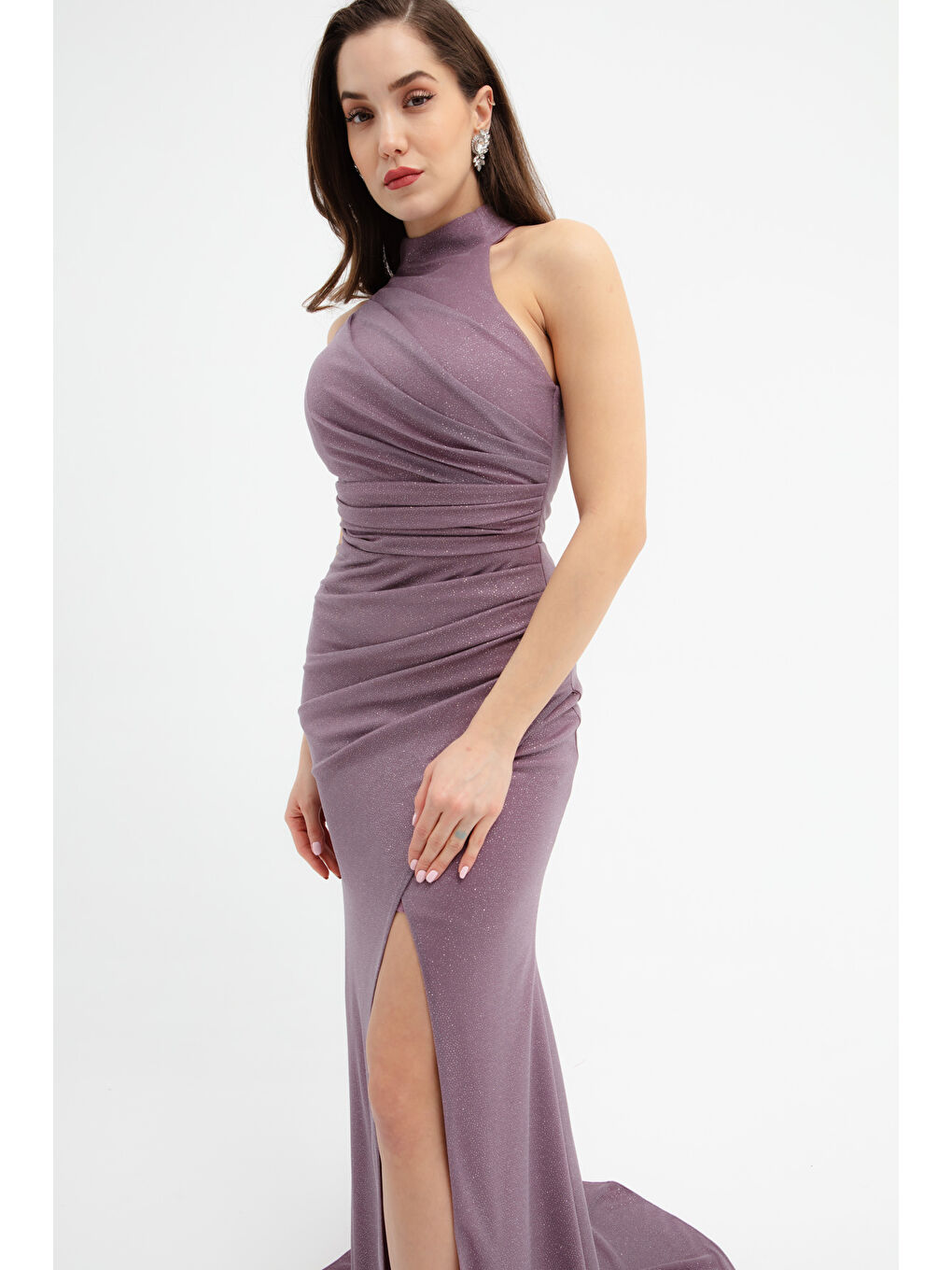 Lila Kadın Lavanta Halter Yaka Yırtmaçlı Uzun Simli Abiye Elbise-2