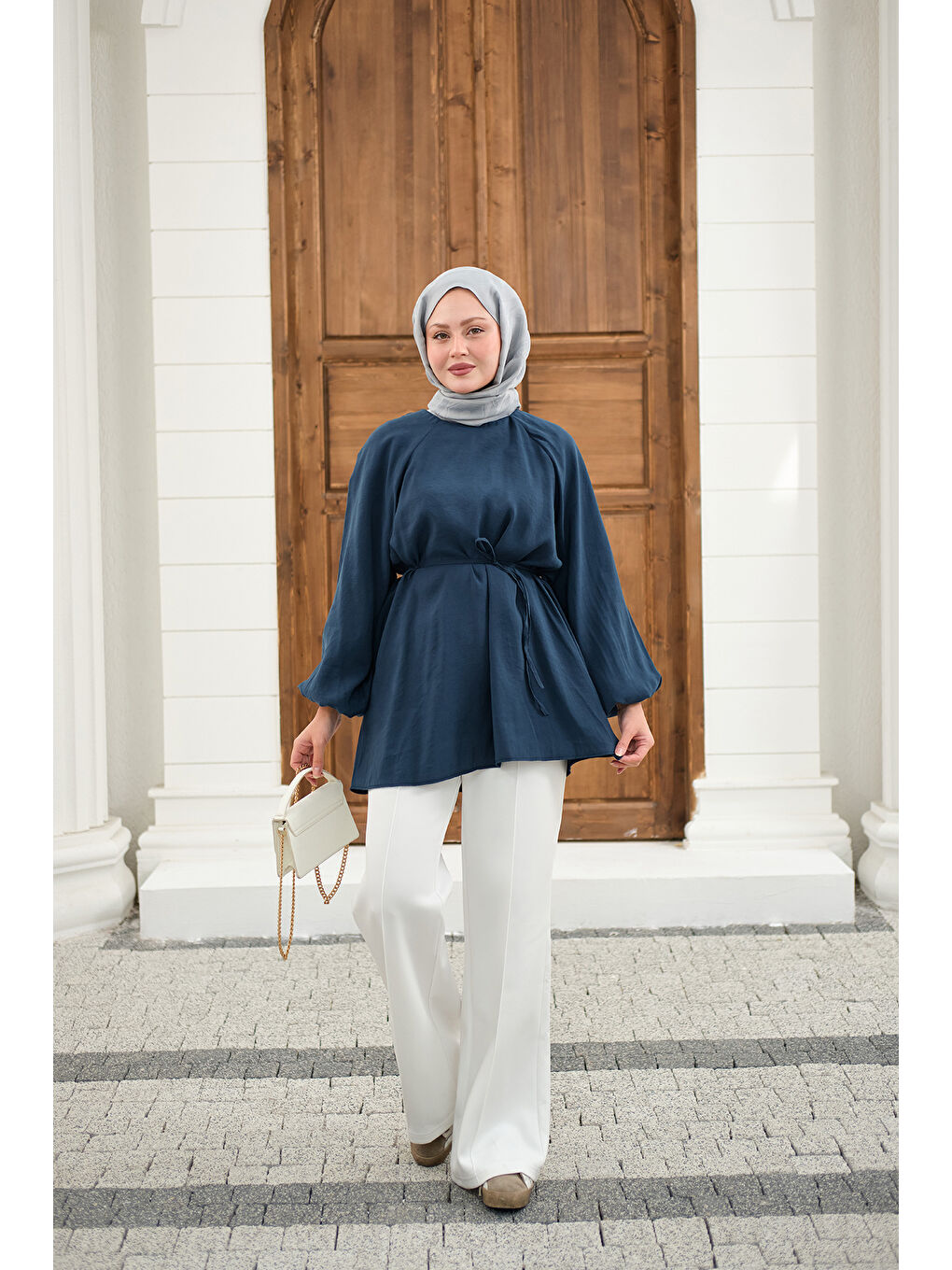 Kadın Bel Bağlamalı Tunik Petrol Mavi-2